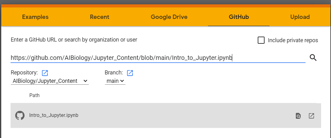 Screenshot of opening a notebook from GitHub in the Google Colaboratory