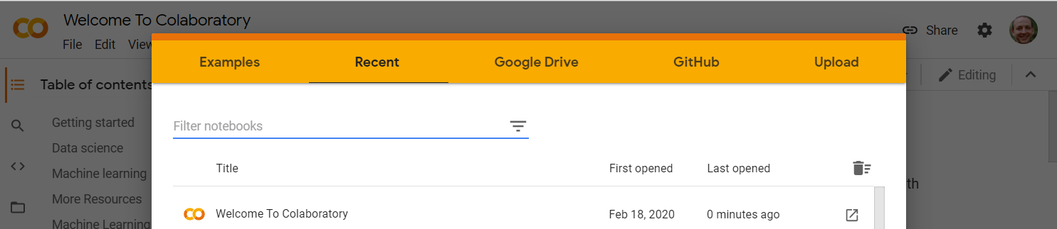 Screenshot of the Google Colaboratory Welcome Screen